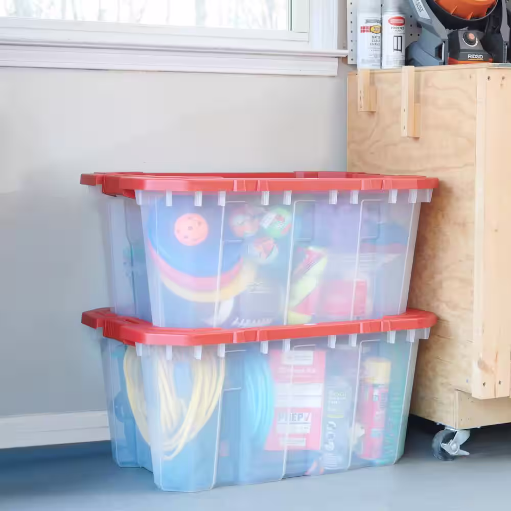 Husky 25 Gal. Latch and Stack Tote in Clear with Red Lid