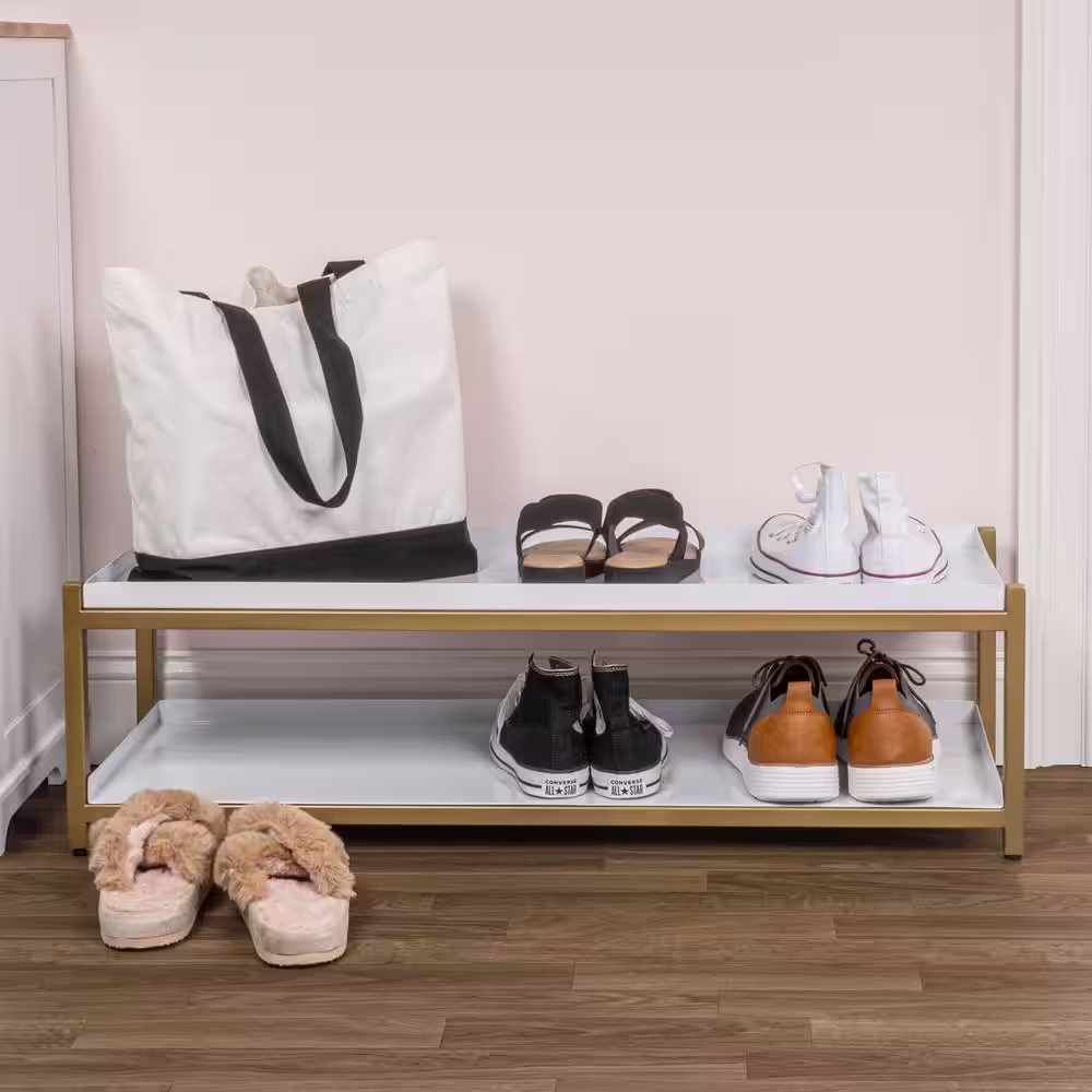 happimess Industrial Compact 10.75 in. H 6-Pair 2-Tier Iron Shoe Rack in White/Gold