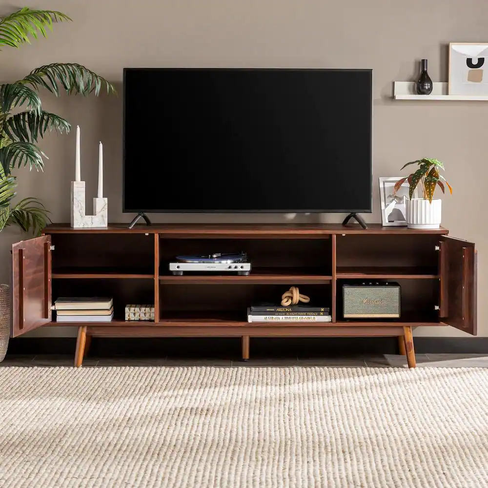 Welwick Designs 70 in. Walnut Solid Wood Mid Century Modern TV Stand with 2-Doors (Max tv size 80 in.)