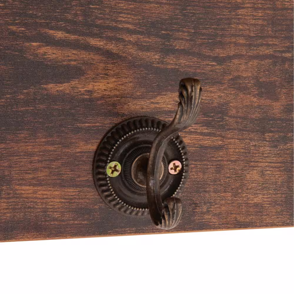 DANYA B Rustic Aged Wood Print MDF Utility Floating Wall Shelf with Hooks