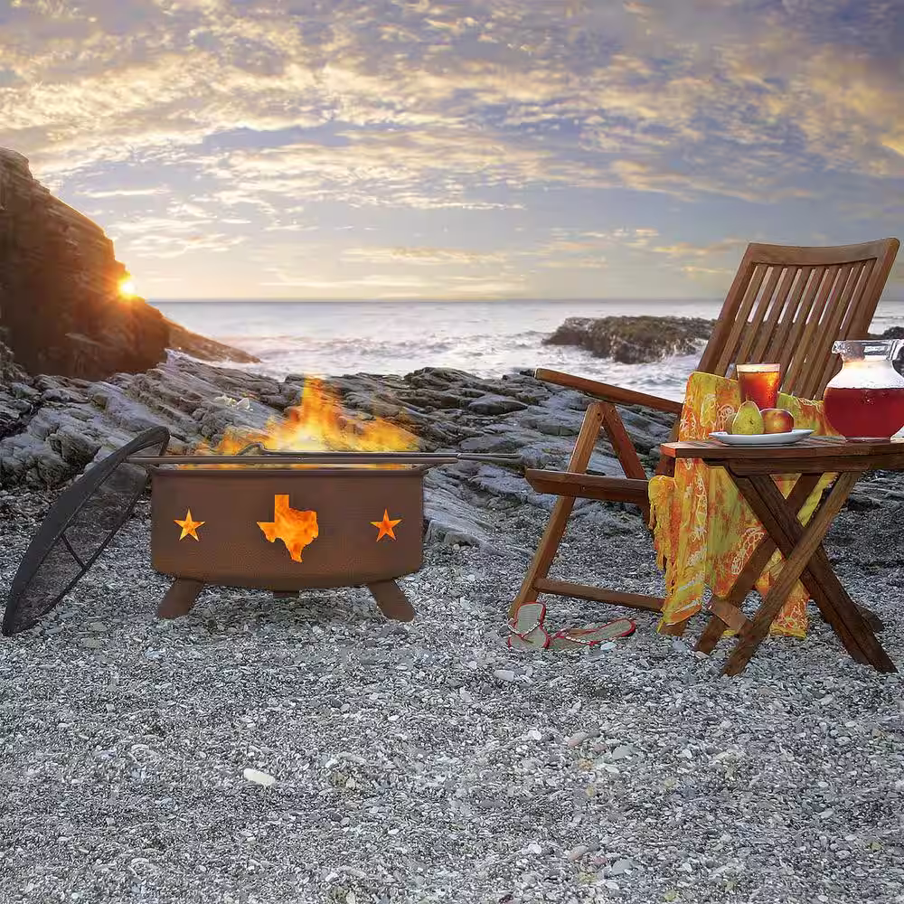 None Texas State Stars 29 in. x 18 in. Round Steel Wood Burning Fire Pit in Rust with Grill Poker Spark Screen and Cover