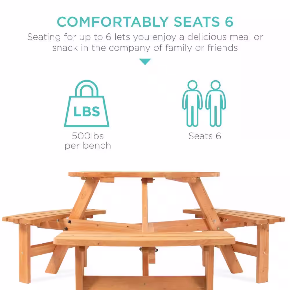 Best Choice Products 6-Person Natural Circular Wooden Picnic Table w/ Umbrella Hole, 3-Benches