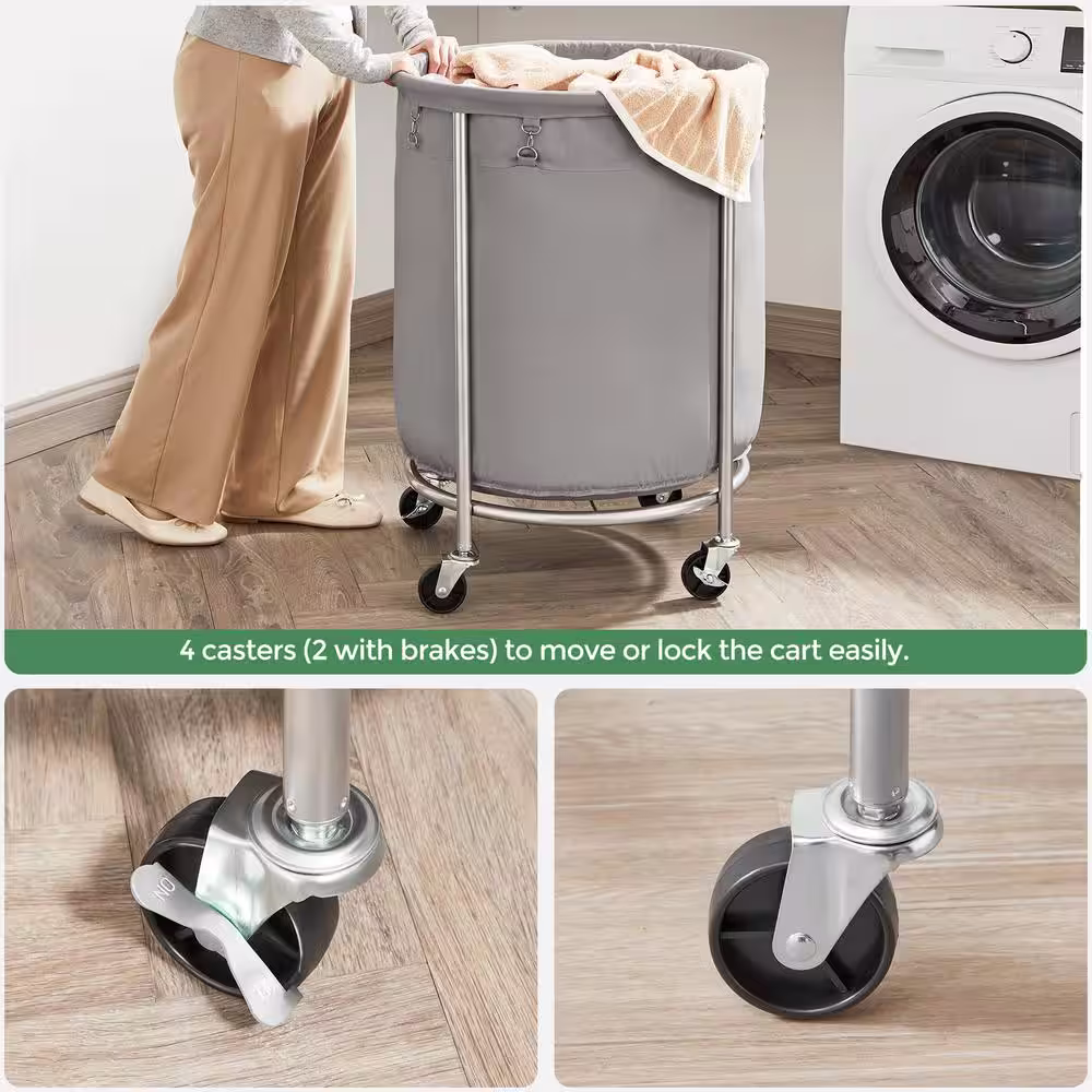 None 23.6 in. W x 23.6 in. D x 31.9 in. H Fabric Laundry Basket Hamper with Wheels Gray
