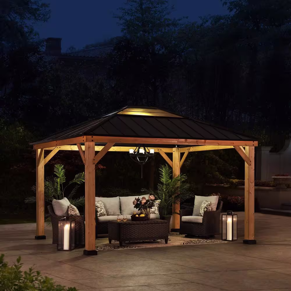 Sunjoy Mavis 13 ft. x 11 ft. Cedar Framed Gazebo with Black Steel and Polycarbonate Hip Roof Hardtop