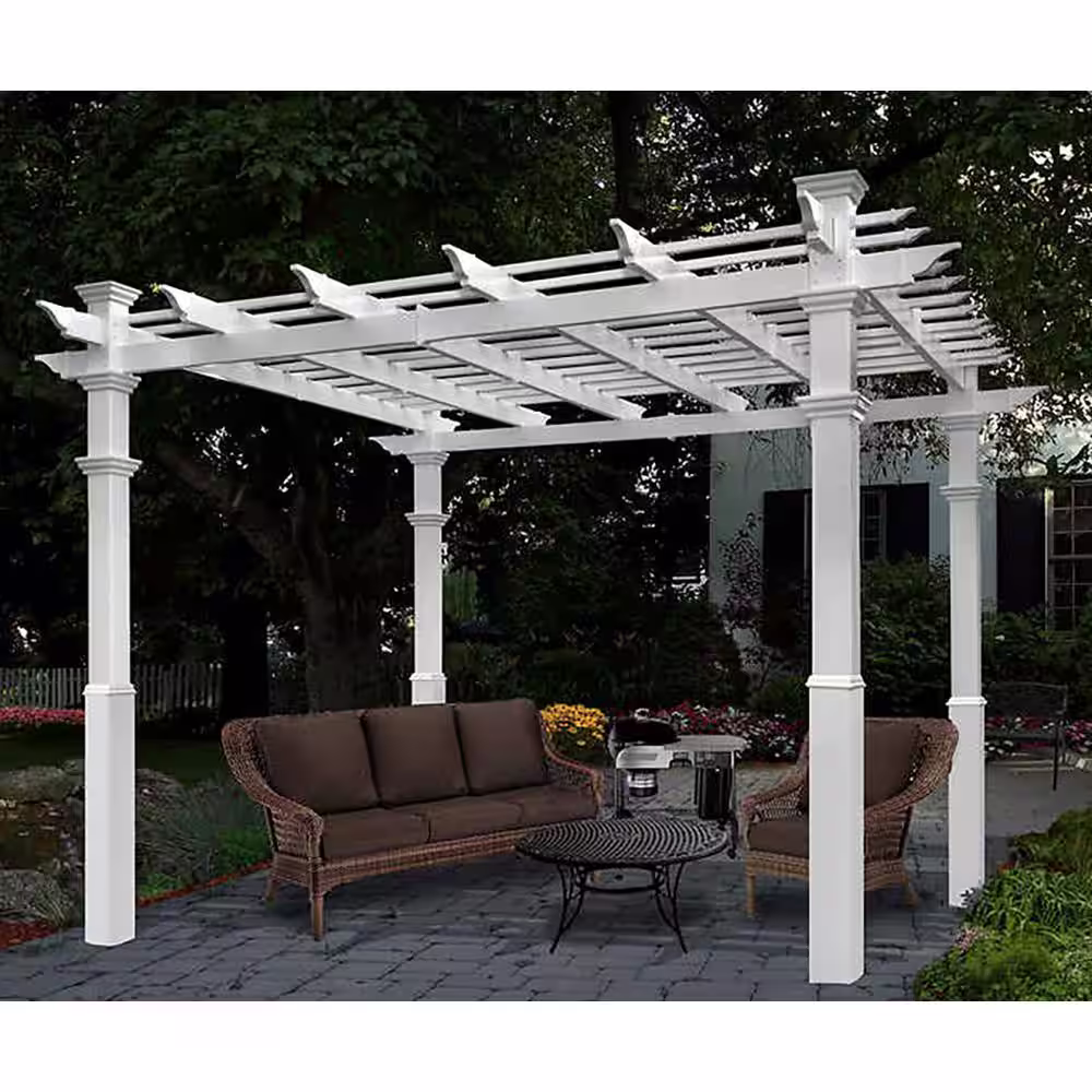 None 10 ft. x 10 ft. White Vinyl Deluxe Pergola with Base Moldings and Canvas Weave