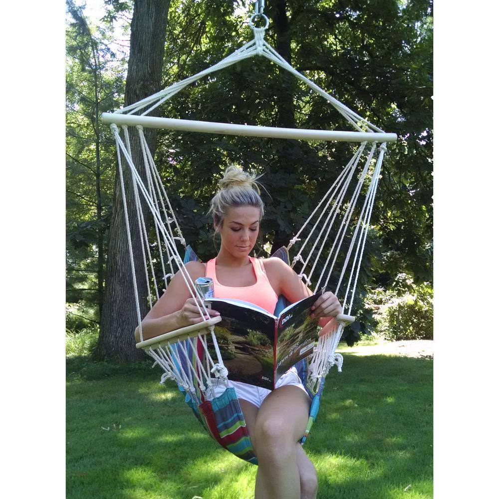 None 2.5 ft. Hammock Chair with Wooden Armrests in Spice Stripes