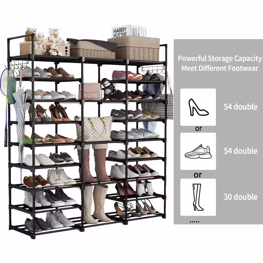 None 62 in. H 50-Pair 9-Tier Black Metal Shoe Rack