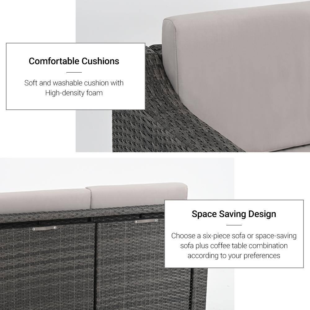 None 6-Piece Wicker Patio Conversation Set with Beige Cushions