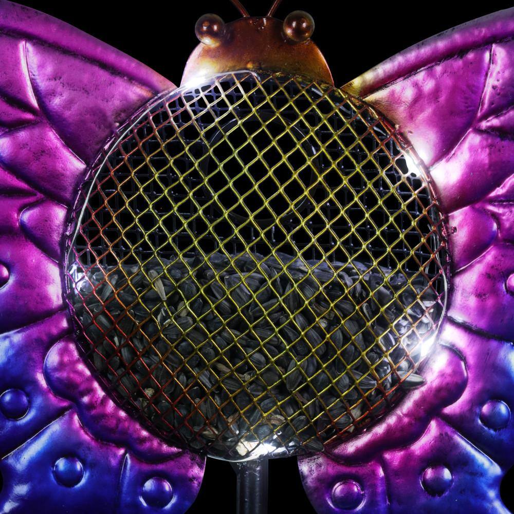 Exhart 3.02 ft. Purple Metal Solar Hand Painted Butterfly Mesh Pellet Bird Feeder Garden Stake