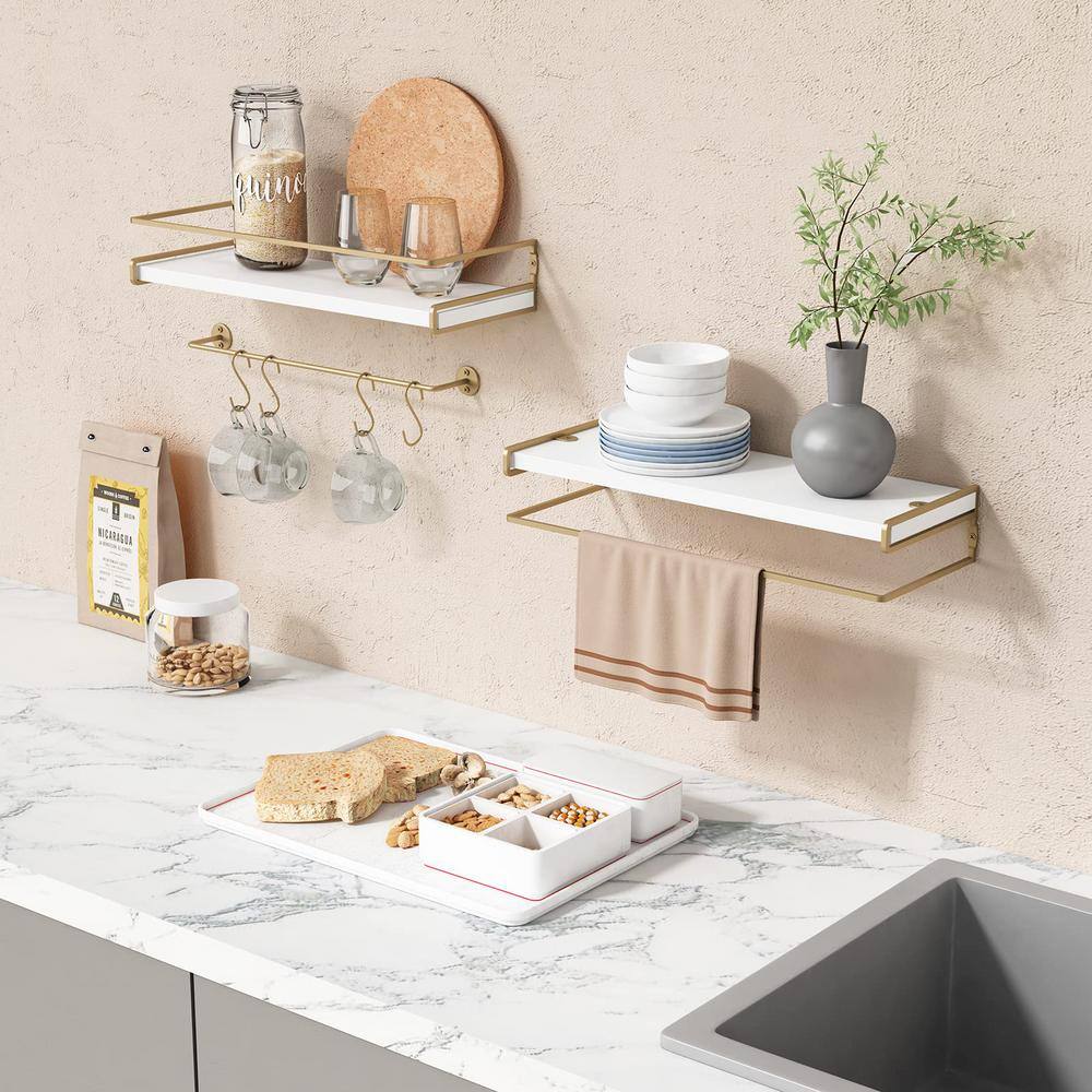 None 6 in. D x 15.7 in. W x 2.6 in. H White-GoldDecorative Wall Shelves with Bar (Set of 2)