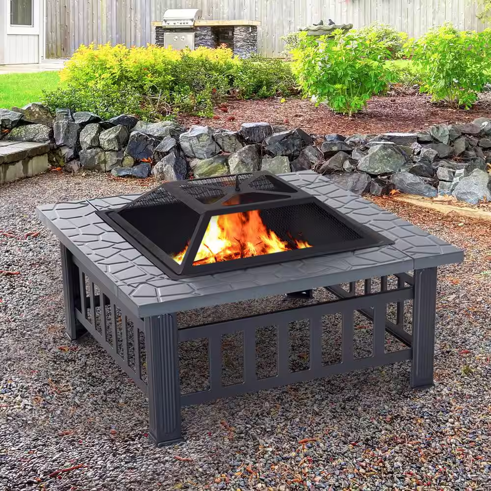 Outsunny 32 in. W x 18 in. H Square Steel Outdoor Patio Wood Burning Fire Pit Table in Black with Poker and Water Resistant Cover