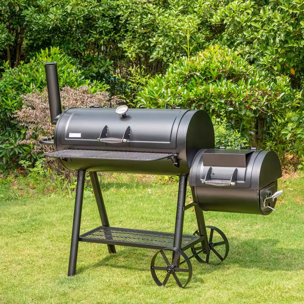 None Extra Large Heavy-Duty Offset Charcoal Smoker in Black
