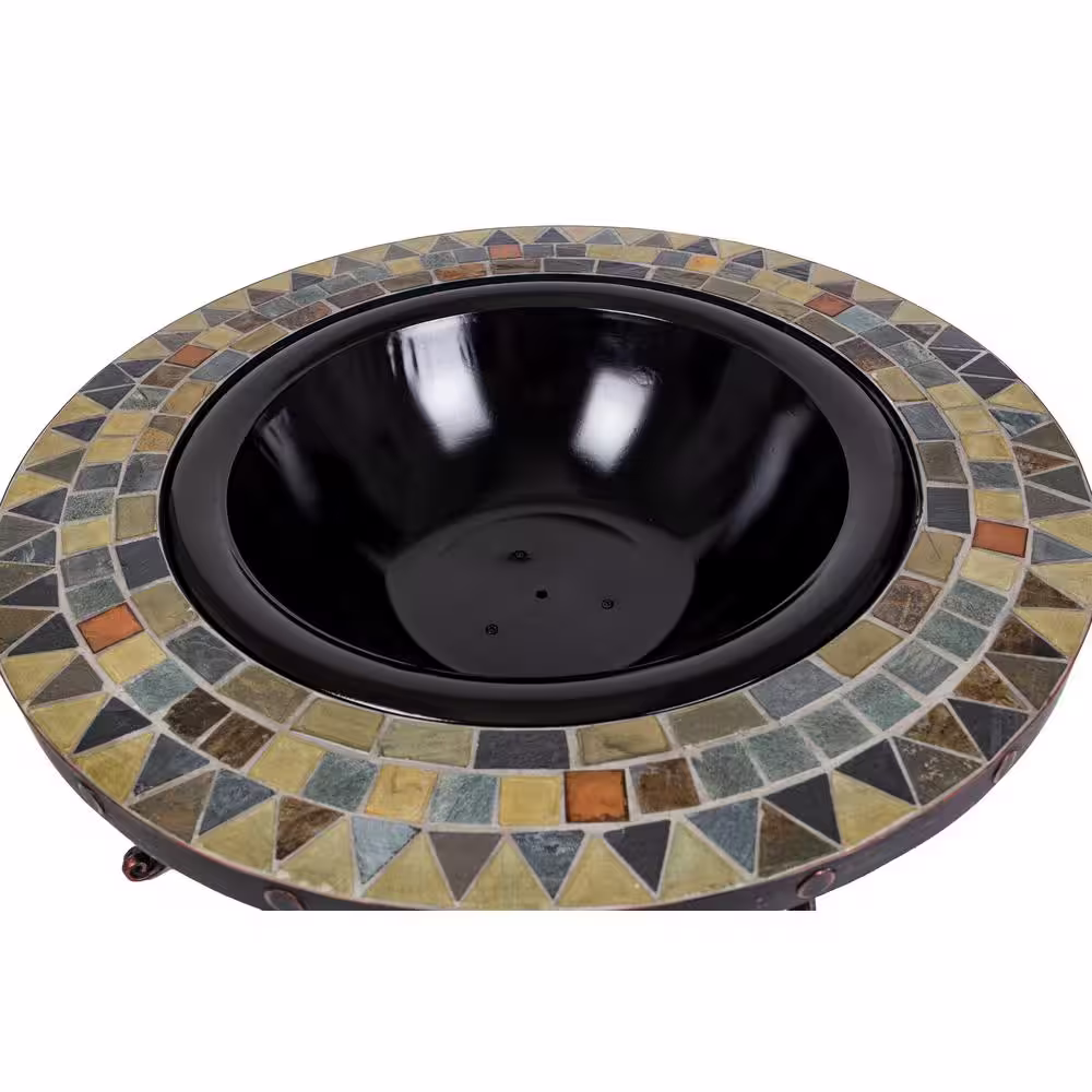 Pleasant Hearth Juniper Slate Top 34 in. W x 19.6 in. H Round Steel Wood Burning Rubbed Bronze Fire Pit