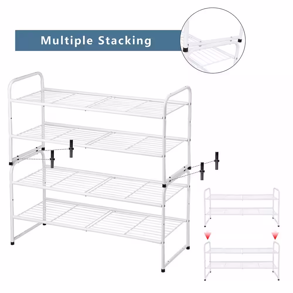 None 16 in. H 10-Pair White Metal 2-Tiers Shoe Rack