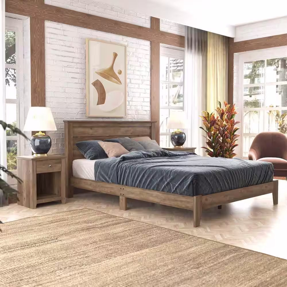 GALANO Harlowin Knotty Oak Wood Frame Queen Bed With Headboard