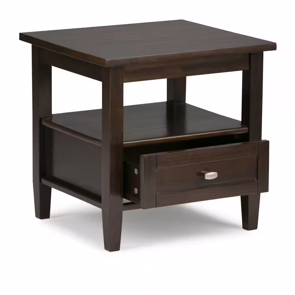 Simpli Home Warm Shaker Solid Wood 20 in. Wide Rectangle Transitional End Side Table in Tobacco Brown