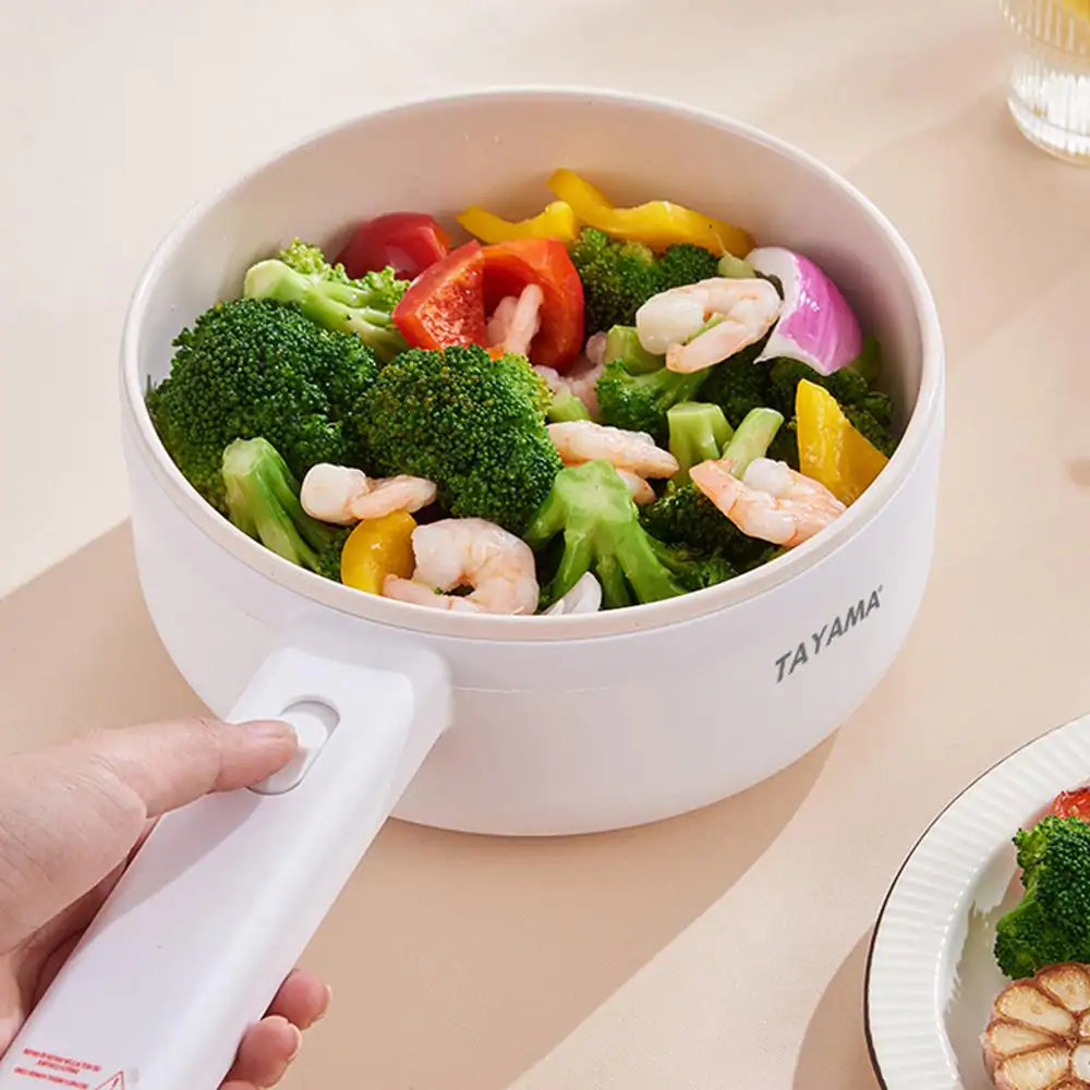 Tayama 1.5 Qt. White Electric Multi-Cooker Cooking Pot with Food Steamer