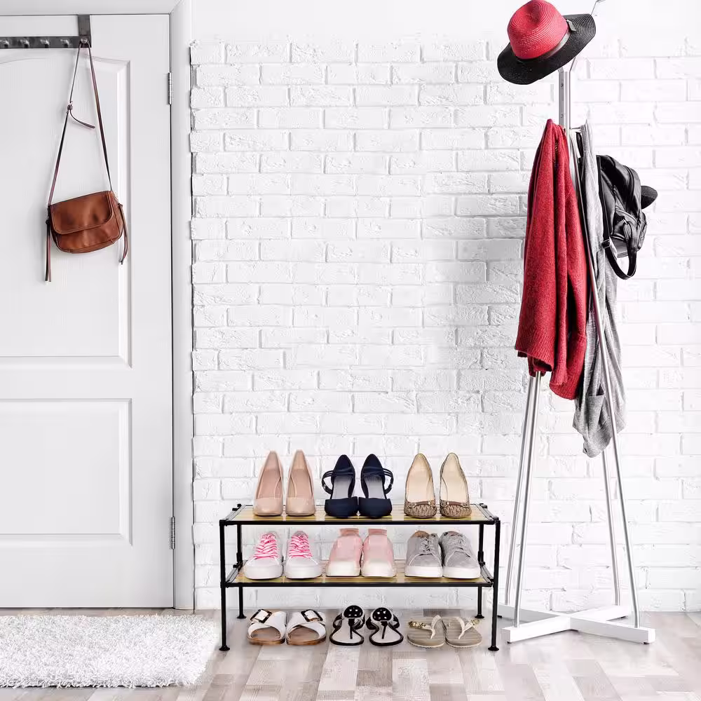 Seville Classics 12.5 in. H 6-Pair 2-Tier Countryside Aspen Woodgrain Resin Slat Iron Shoe Rack