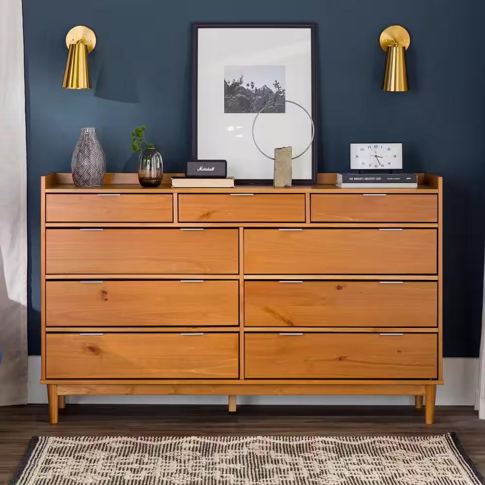 Welwick Designs 9-Drawer Caramel Solid Wood Mid-Century Modern Dresser with Tray Top (36 in. H x 60 in. W x 16 in. D)