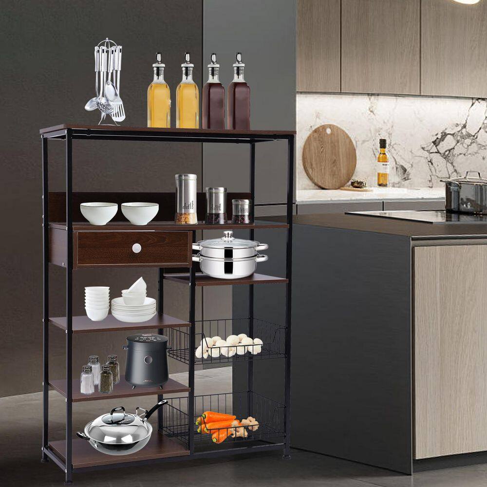 None Brown 5-Tier Metal Wood Shelving Unit (31.5 in. W x 43.7 in. H x 11.8 in. D)