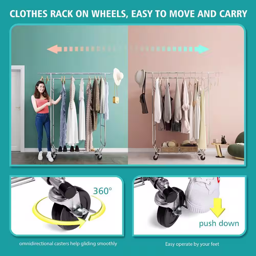 None Chrome Metal Adjustable Garment Clothes Rack 51 in. W x 68 in. H