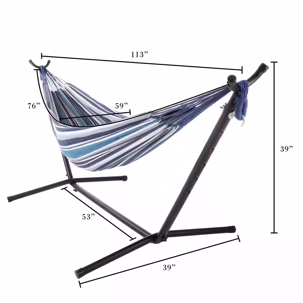 Pure Garden 9 ft. Double Brazilian Cotton Hammock Bed with Stand in Blue Stripes