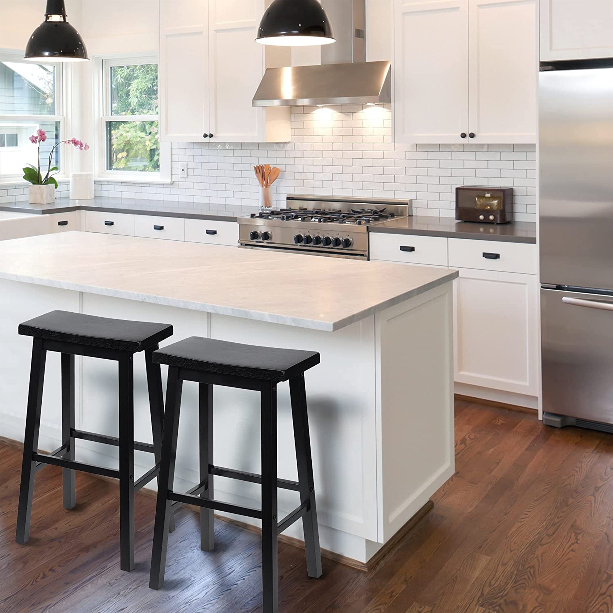 PJ Wood Classic Saddle-Seat 29In Kitchen Counter Stools, Black, Set of 2