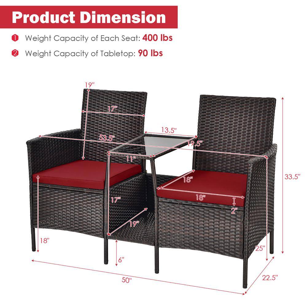 Costway 1-Piece Wicker Patio Conversation Set Sofa Loveseat Glass Table with Red Cushions