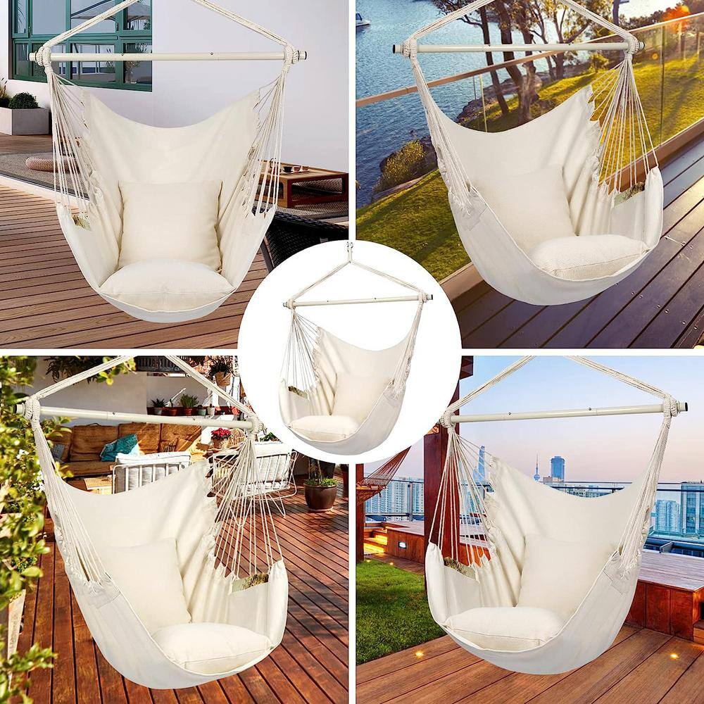None Hammock Chair Hanging Rope Swing, Maximum 500 lbs. 2-Seat Cushions Included, Quality Cotton Weave in Beige