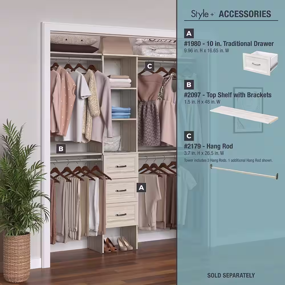ClosetMaid Style+ 72 in. W - 113 in. W Bleached Walnut Narrow Wood Closet System
