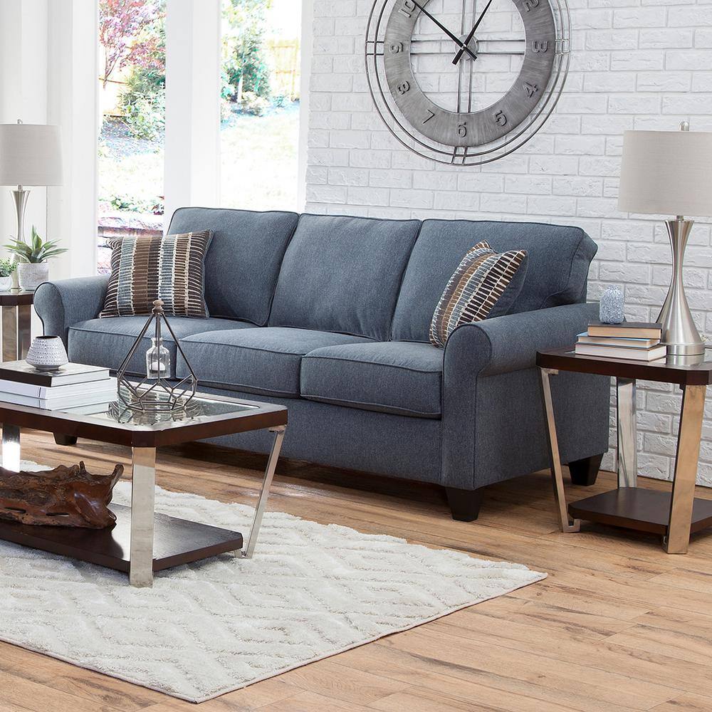 American Furniture Classics Indigo Series 82 in. Wide Rolled Arm Fabric Straight Sofa with 2 Accent Pillows in Indigo Blue