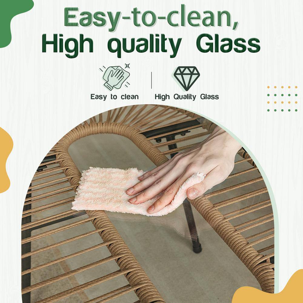 None Boho 3-Piece L Shape Handwaven Wicker Patio Conversation Set with Round Table and Off White Cushion