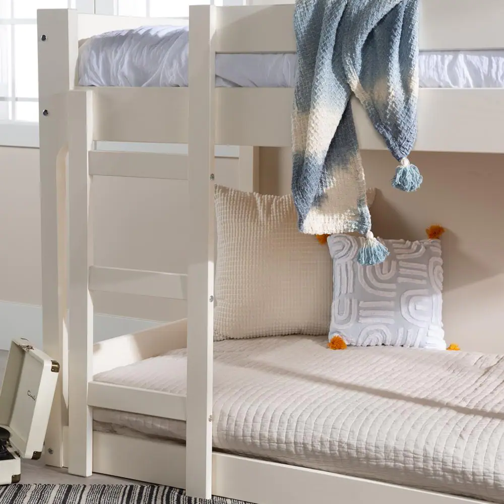 Welwick Designs White Solid Wood Twin Over Twin Bunk Bed with Integrated Ladder