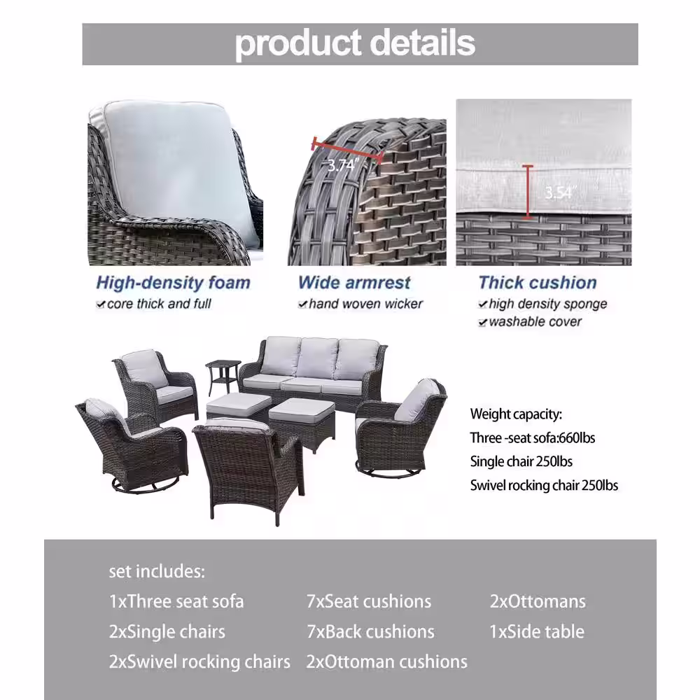 XIZZI Moonlight Gray 8-Piece Wicker Patio Conversation Seating Sofa Set with Gray Cushions and Swivel Rocking Chairs