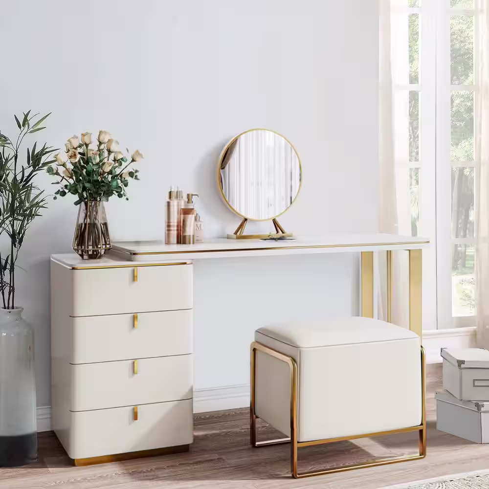 FORCLOVER White Modern Luxury Makeup Vanity Table with Vanity Mirror, 4 Side Drawers and Stool (28 in. x 47 in. x 18 in.)