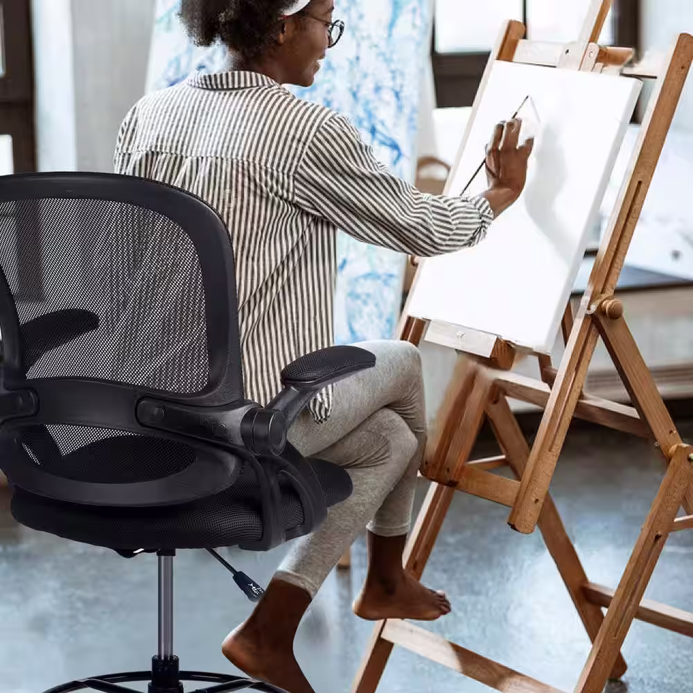 Lucklife Black Mesh Drafting Chair Tall Office Chair with Flip-up Armrests