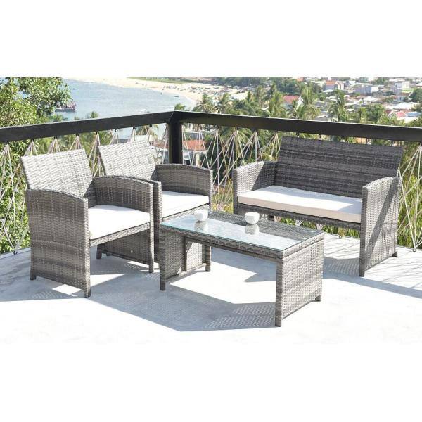 Costway 4-Piece Wicker Rattan Patio Conversation Set Chair with Beige Cushions