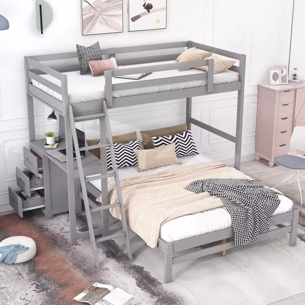 Harper & Bright Designs Gray Twin over Full Wooden Bunk Bed with Built-in Desk, 3 Drawers and Ladder