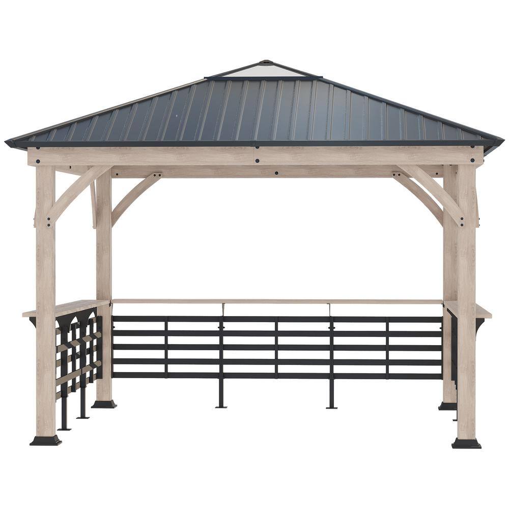 Outsunny 11 ft. x 11 ft. Natural and Bark Brown Outdoor Gazebo Grill Canopy with Bar Counters