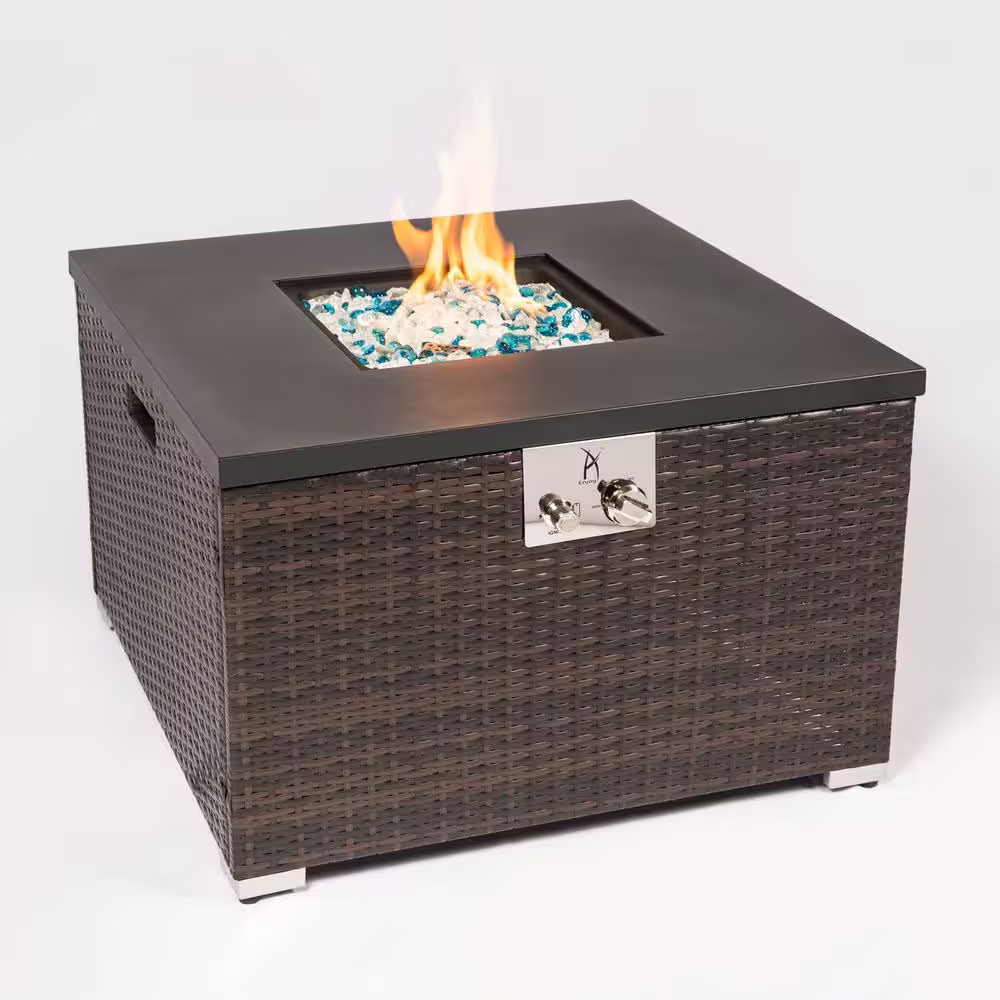 Sireck 32 in. Brown Square Wicker Metal Fire Pit Table
