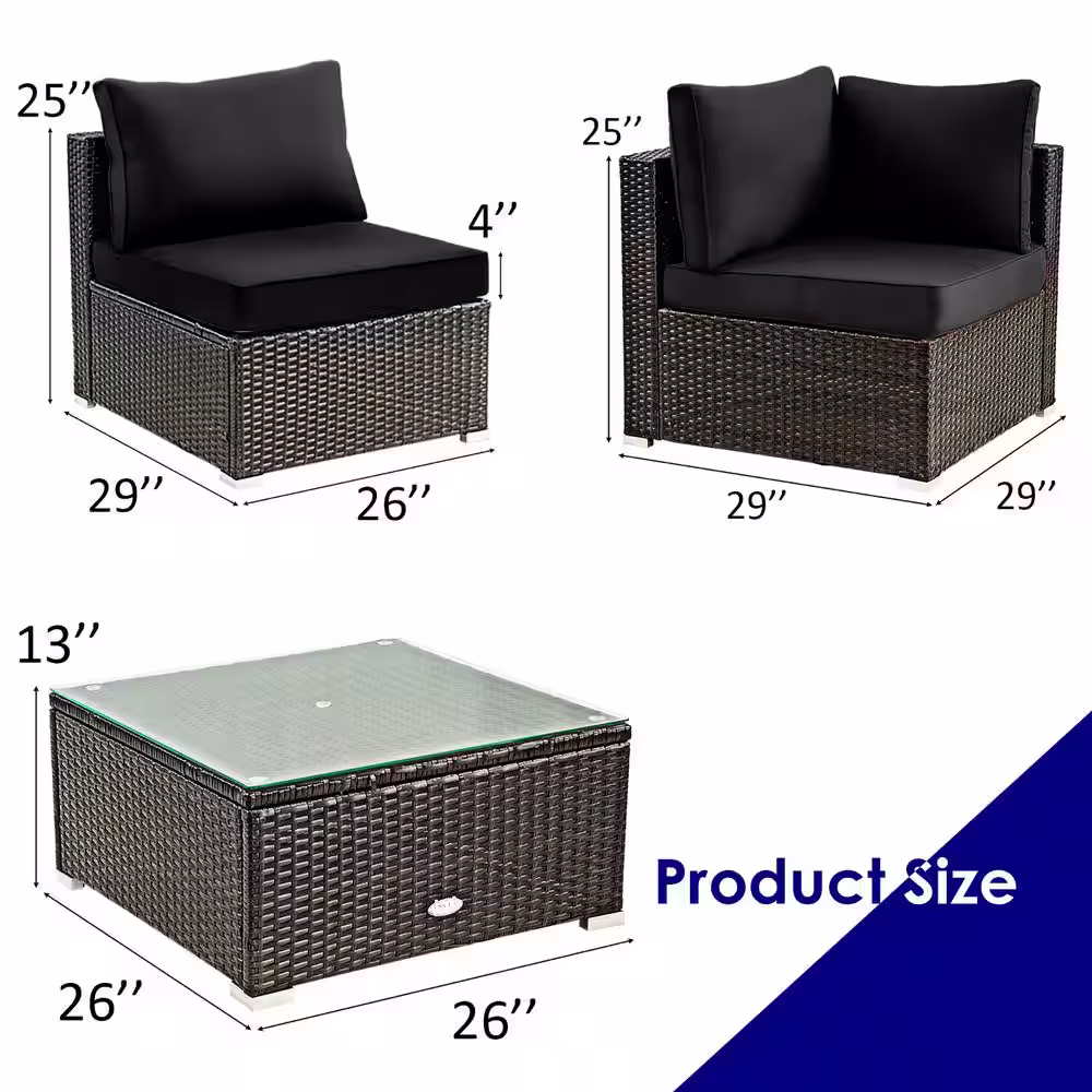 Costway Black 5-Piece Wicker Steel Patio Furniture Set with Black Cushions