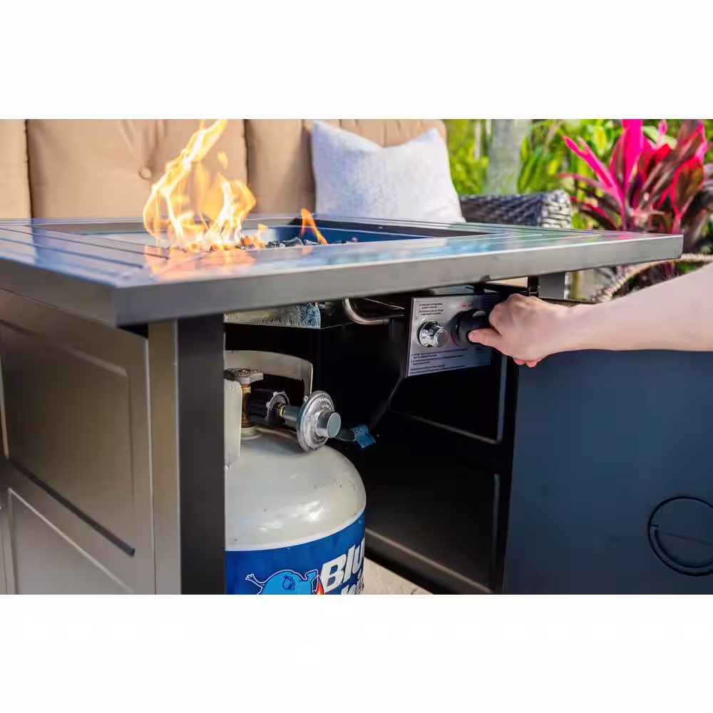 FIRE ISLAND 30 in. W x 24.6 in. H Square Steel Propane Black Slate Fire Pit with Stamped Steel Black Base and 50000 BTU Burner