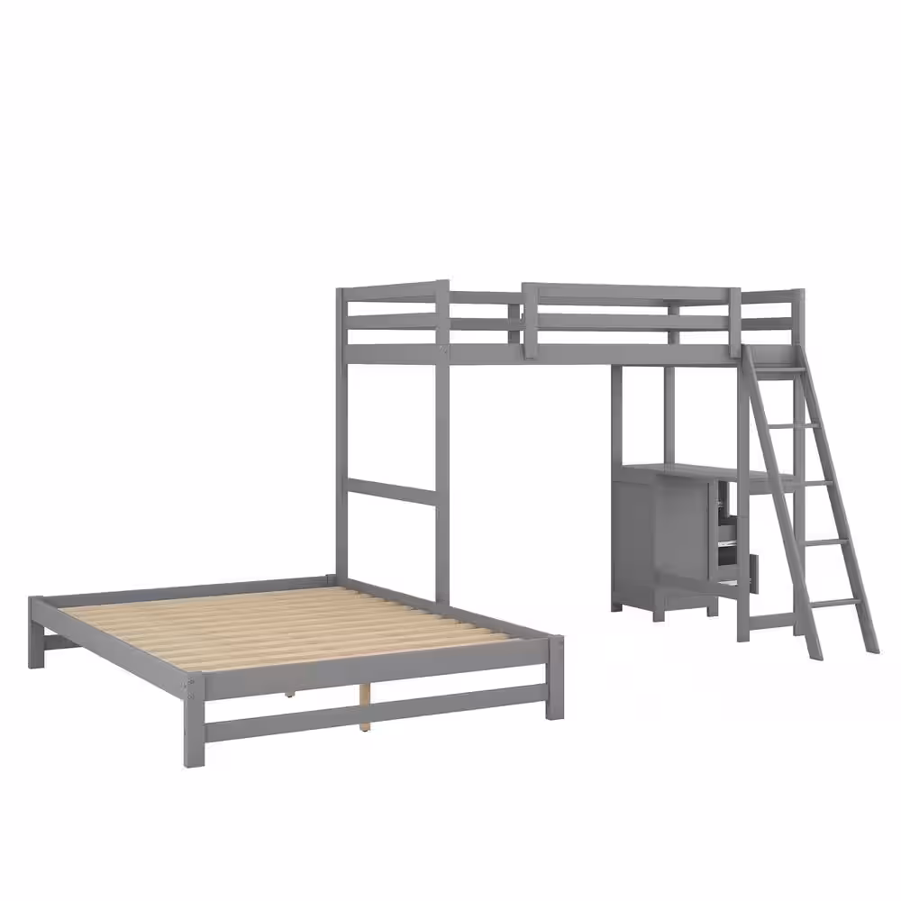 Harper & Bright Designs Gray Twin over Full Wooden Bunk Bed with Built-in Desk, 3 Drawers and Ladder