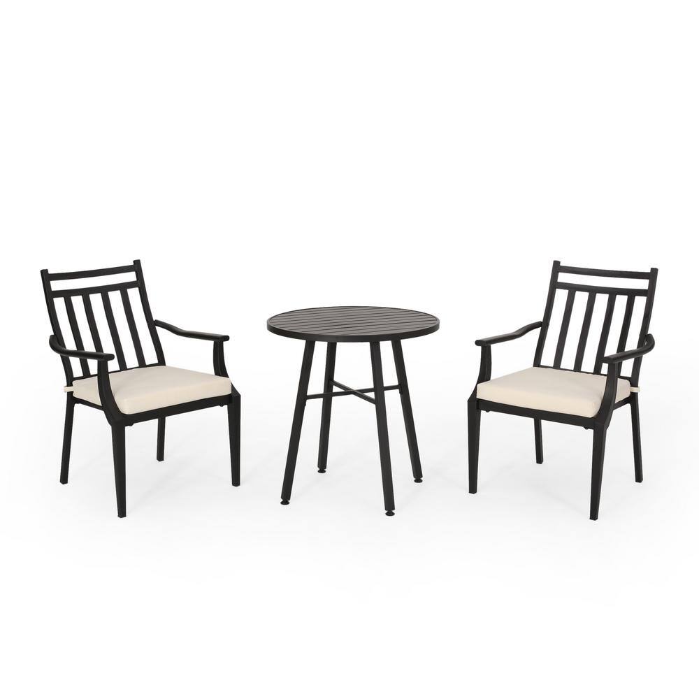 Noble House Delmar 28.5 in. Matte Black 3-Piece Metal Round Outdoor Bistro Set with Beige Cushion