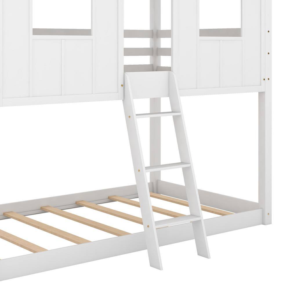 Harper & Bright Designs White Twin Over Twin Low Bunk Bed with Roof and 2 Front Windows