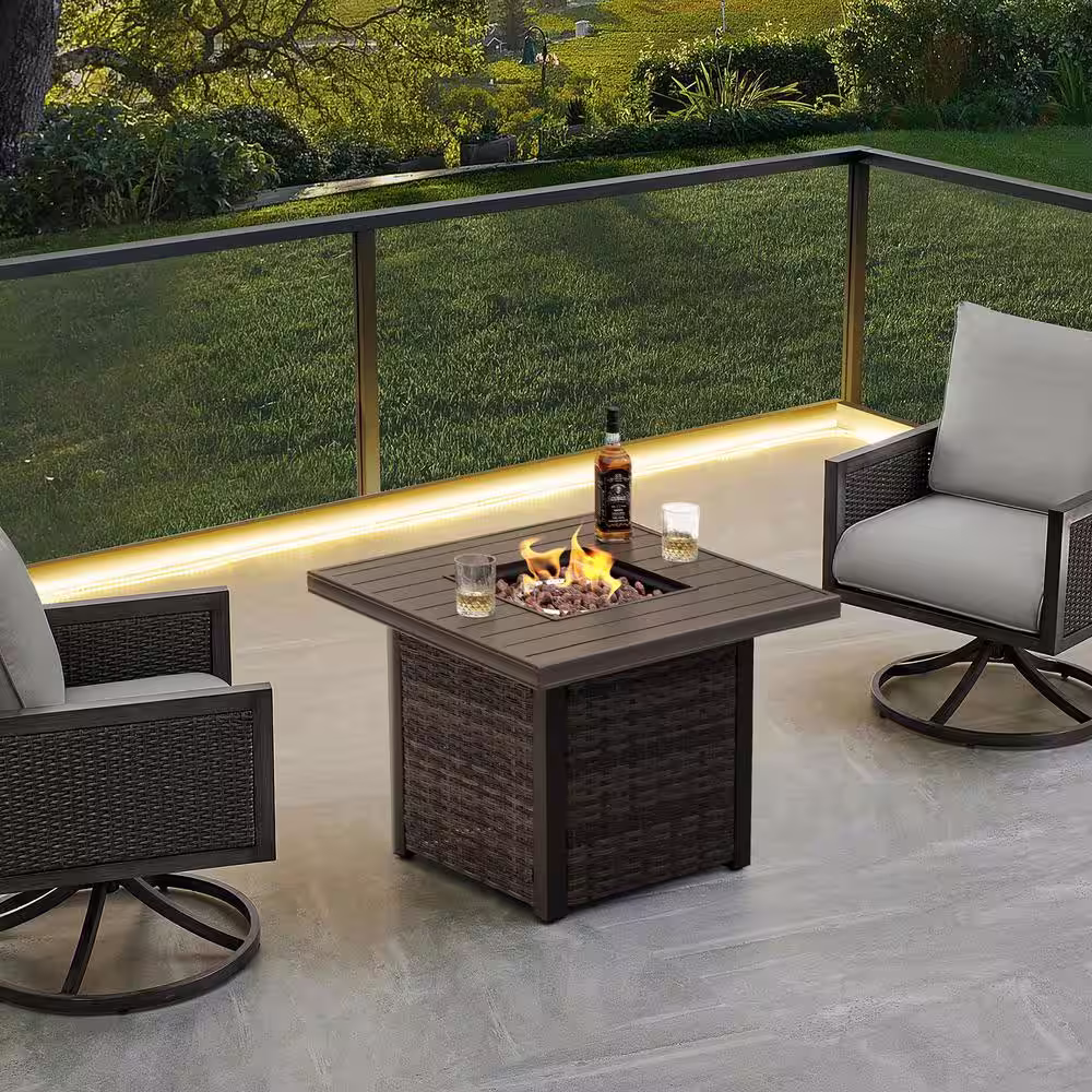 Nuu Garden 32 in. Square Wicker Fire Pit Table Outdoor Propane Gas Fire Pit Table, Brown