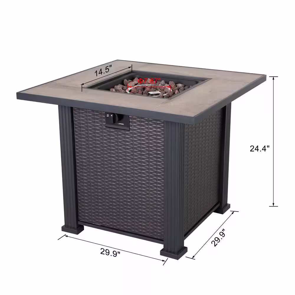 Nuu Garden 40,000 BTU 30 in. x 24 in. Square Wicker-like Iron Propane Gas Fire Pit Table with Cover, Ceramic Top and Lava Rocks