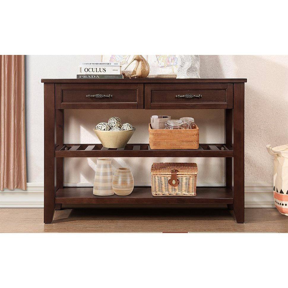 None Retro and Modern Design 42 in. Espresso Rectangle Solid Wood Console Table Sofa Table with 2 Drawers and 2 Open Shelves