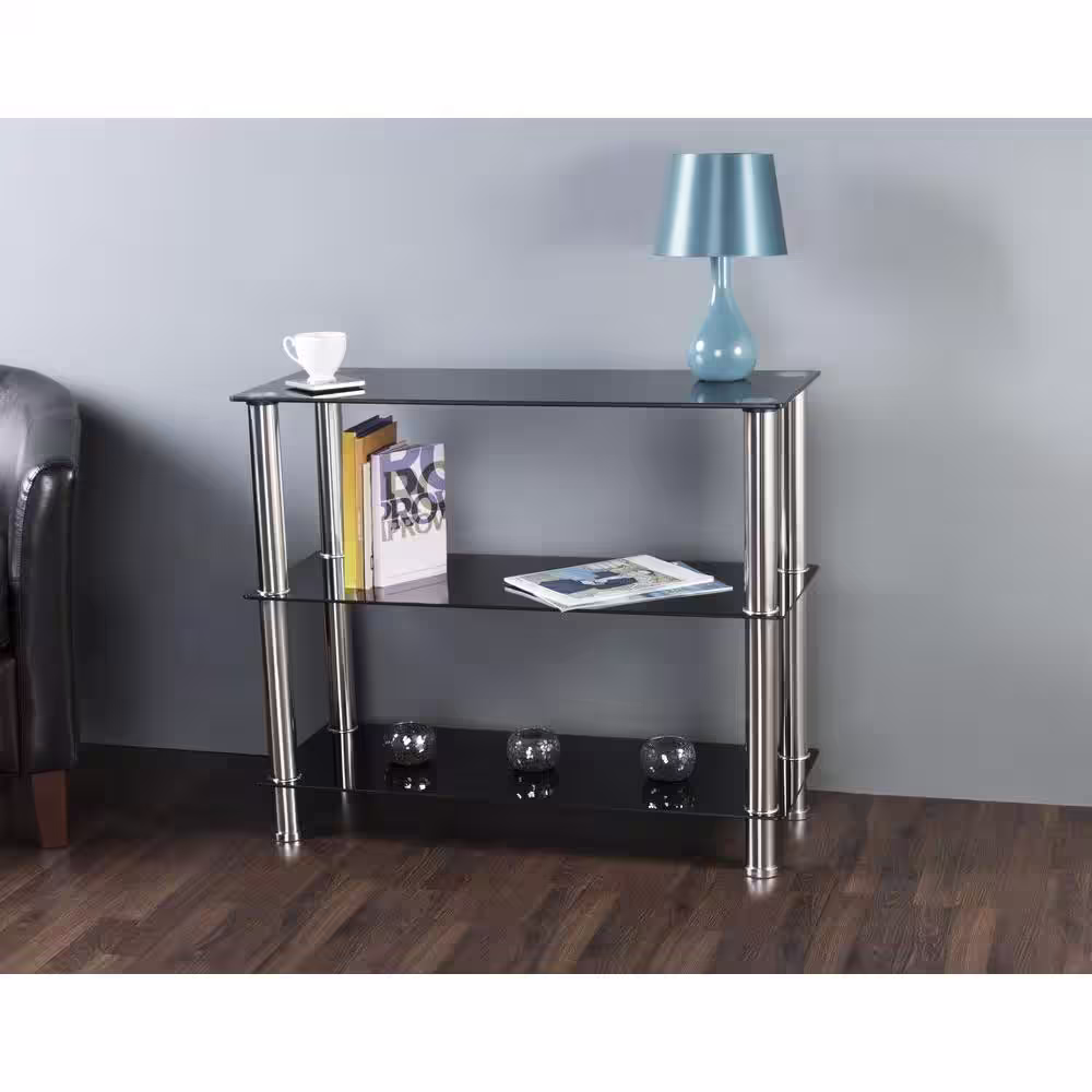 AVF Wide 3-Tier Shelving Unit in Black Glass and Chrome
