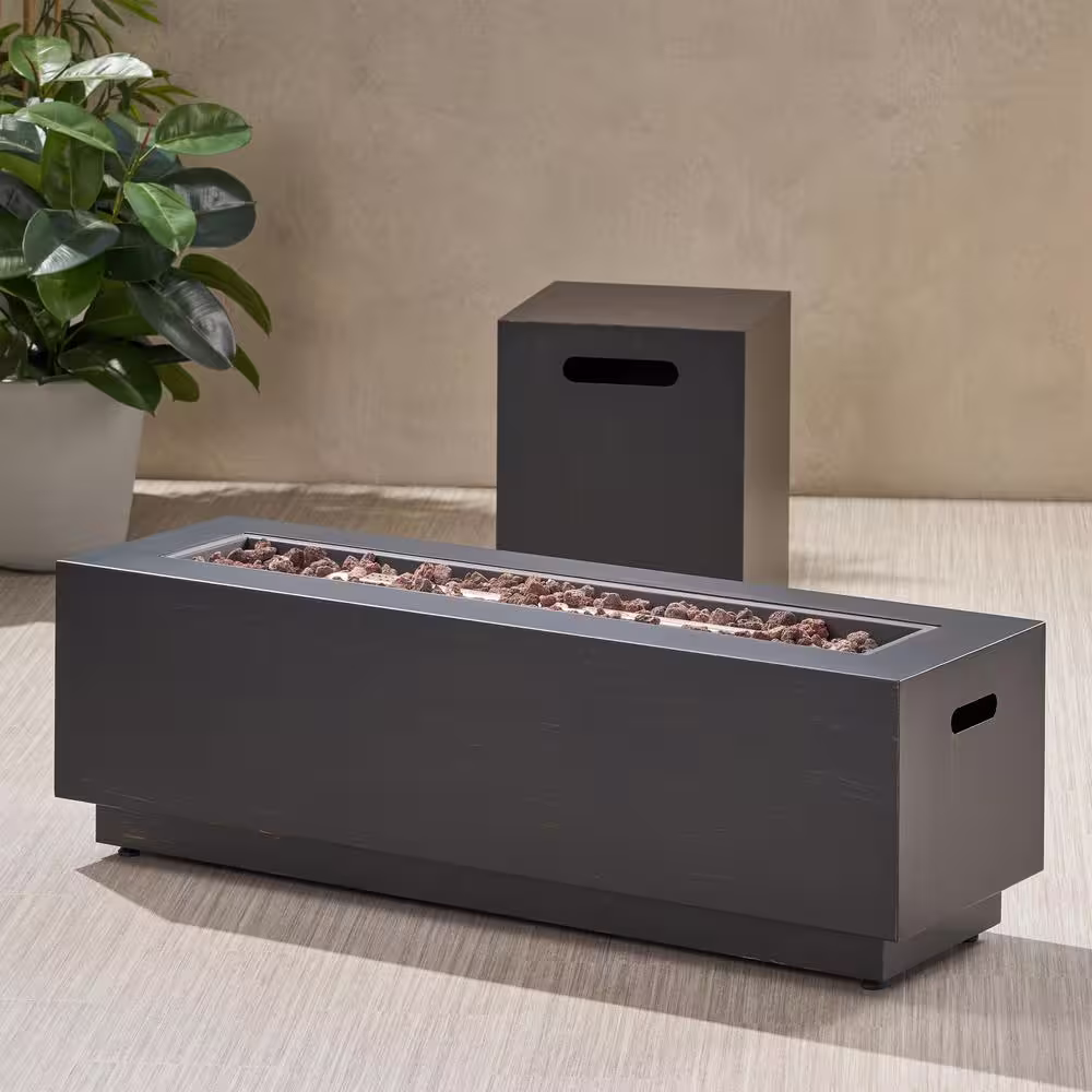 Noble House Wellington 15.25 in. x 19.75 in. Rectangular Concrete Propane Fire Pit in Brushed Brown with Tank Holder